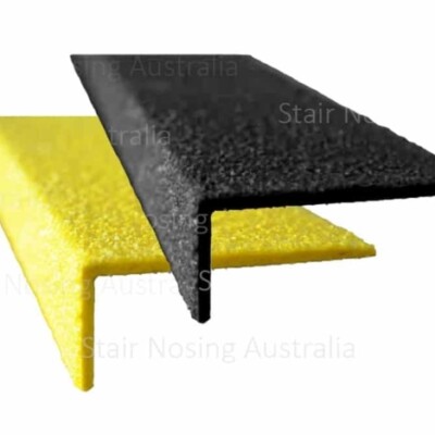 Durable black and yellow FRP stair nosing designed for enhanced safety on stairs. Black and yellow FRP stair nosing for slip resistance and safety.